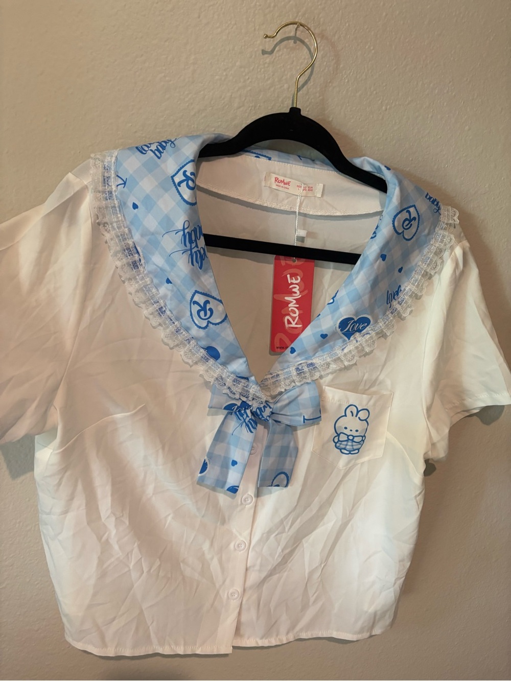 ROMWE White Kids Blouse with Blue Gingham Sailor Collar